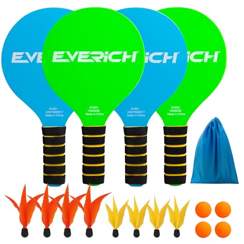 Paddle Ball Set – Indoor & Outdoor Racket Game for Kids, Teens, and Adults, Badminton & Camping Games Essentials, Fun for Beach, Yard, and Lawn Play All Year Round - color: Wooden Bule Green, size: 4 Paddles 4 Balls