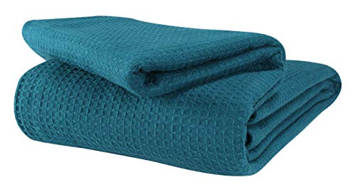 Glamburg 100% Cotton Thermal Blanket, Breathable Waffle Blanket, Twin Size, All Season, Teal - color: Teal, size: Twin (60"x90")
