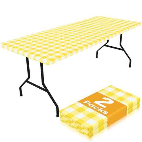 Smiry Picnic Table Cloth 2 Pack, Waterproof Elastic Fitted Tablecloths for 24x48 Rectangle Tables, Washable Polyester Buffalo Plaid Tablecloth for Camping, Dining & Outdoor (Yellow & White, 24" x 48") - color: Yellow and White, size: 24" x 48"