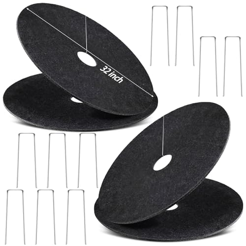 4 Pack Non-Woven Tree Mulch Ring, 32 Inch Degradabl Tree Protection Mat, Weed Barrier Round Mats with 10 Staples Stakes for Weed Growth RootProtection Resistant and Reusable - color: Black 32IN