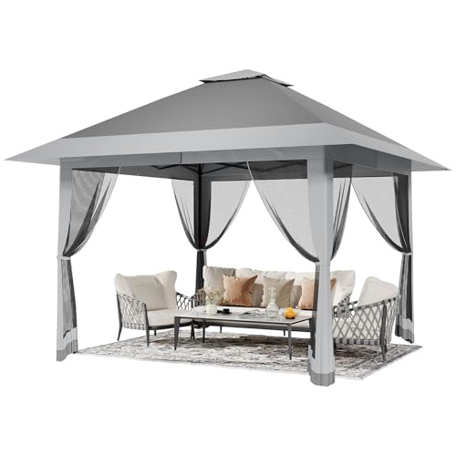 13X13 Pop Up Gazebo,Outdoor Canopy Tent with Mosquito Netting, Double Vented Roof Sun Shelter with Adjustable Heights,Outdoor Gazebo for Backyard & Patio Furniture.（Grey） - color: Gray