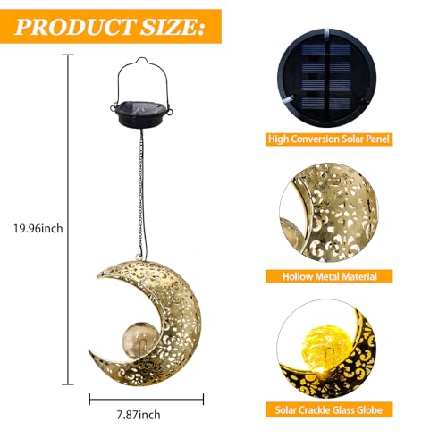 Solar Garden Hanging Moon Lights Outdoor Decor,2 Pack Metal Lanterns Art Decorations for Outside Yard Lawn Patio Wall Fences Driveway Trail,Unique Housewarming Gardening Gifts for Women Mom - size: 2 PACK Moon