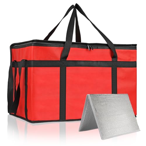 PEASUG XXXL Insulated Bags for Food Delivery with Removable Hard Bottom,Pizza Delivery Bags, Large Capacity Cooler Bag Keep Food Warm for Grocery Shopping and Catering, Foldable, Heavy-Duty (Red) - color: Red