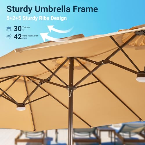 HOOOWOOO Outdoor Patio Umbrella With Solar Light,15 Ft Large Beach Umbrella,UV Protection Picnic Market Parasol Sunshade W Base Crank Handle For Backyard Deck Pool Shade - color: Beige