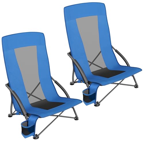 SONGMICS Set of 2 Portable Beach Chairs for Adults, Max. Load 330 lb Each, High Backrest, Cup Holder, Lightweight, Heavy-Duty, Blue UGCB067Q02V1 - color: Blue, style: 2 Pack