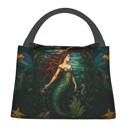 Retro Mermaid Reusable Lunch Box,Underwater Ocean Seahorse Turtle Lunchbox for Women Sea Lovers,Insulated Lunchbag,11in*6.3in*6.7in,Gifts Makeup Bag,Portable Handbag for Picnic Work Travel - color: Mermaid