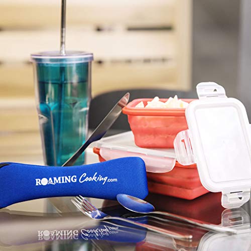 Reusable Travel Utensils with Case | Fork and Spoon Set with Knife and Optional Straws Great Office, Travel, or Camping Accessories | Lightweight, Sturdy Utensils - color: 5pc Set - Blue