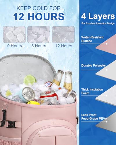 Pritent Cooler Backpack for Men Women Insulated Waterproof Backpack Cooler Leak Proof Cooler Bag Lightweight Lunch Backpack for Camping Beach Travel Picnic - color: Pink, size: 45 Cans