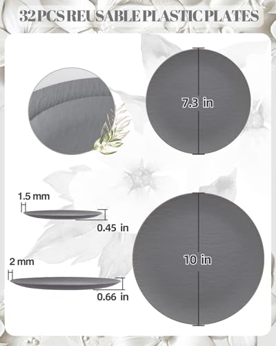 WONDERFUL 32pcs Dark Grey Plastic Plates Reusable Plates Unbreakable and Dishwasher safe Dishes Set Outdoor Plate Includes:16 Dinner 10" & 16 Dessert Plate 7.3" Suitable for Camping Outdoor Party - color: Dark Drey