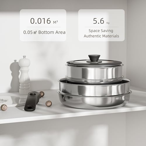 Caannasweis Detachable Nonstick Cookware Set - Stackable Induction Pots and Pans With Removable Handles, Dishwasher Safe - For RV Camping, Oven and Stovetop Use, 5 Pieces (Stainless Steel)