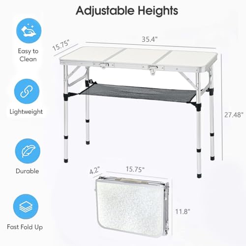 Folding Camping Table, 35''L x16''W Camp Aluminum Table with Adjustable Height Legs, Indoor Outdoor Lightweight Portable Folding Dining Table for Camp Picnic Beach Cooking 3Ft（3 Heights 10"/20"/27"） - color: Silver & Sage Gray, size: 35.4"L x 16"W x 27.48