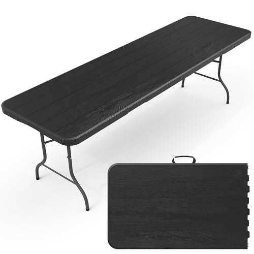 8 Ft Plastic Folding Table,Heavy Duty Portable Table for Indoor & Outdoor,Wood Grain Desktop & 400lbs Weight Capacity,Premium Solutions for Camping,Picnic,BBQ and Party - size: 8 ft (1-Pack) - Black