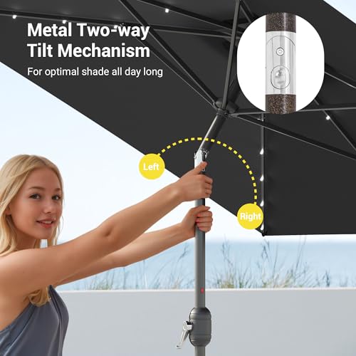 Rectangle Patio Umbrella with Solar Lights, 10 x 6.5ft Rectangular Outdoor Umbrella Table Market Patio Umbrella with Push Button Tilt and Crank for Garden, Deck, Backyard, Pool - color: Black