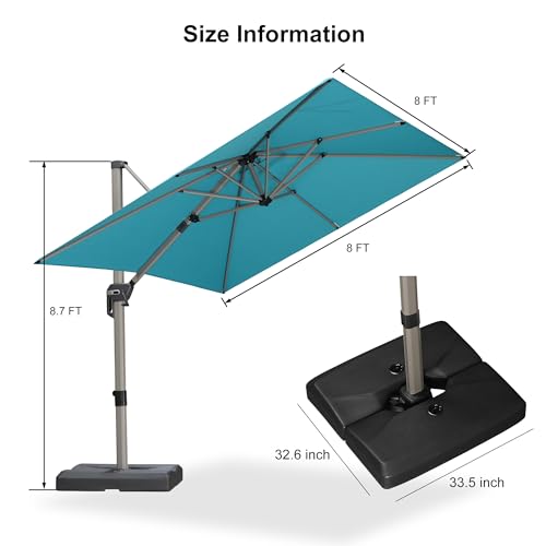 PURPLE LEAF Patio Umbrella with Base Included, 8ft Outdoor Aluminum Cantilever Umbrella with 360° Rotation, Champagne Offset Umbrella for Outdoor Garden Pool, Turquoise Blue - color: Turquoise Blue, size: 8' x 8'