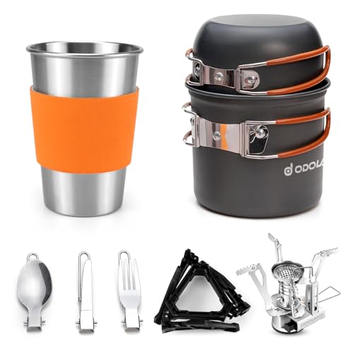 Odoland Camping Cookware Stove Carabiner Canister Stand Tripod and Stainless Steel Cup, Tank Bracket, Fork Spoon Kit for Backpacking, Outdoor Camping Hiking and Picnic - color: Orange