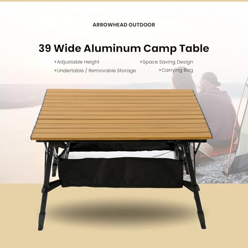 ARROWHEAD OUTDOOR 2-Pack 39" Aluminum Folding Camp Roll Up Table w/Adjustable Height, Undertable Mesh Storage, Carry Bag - color: Wood Grain 2pack