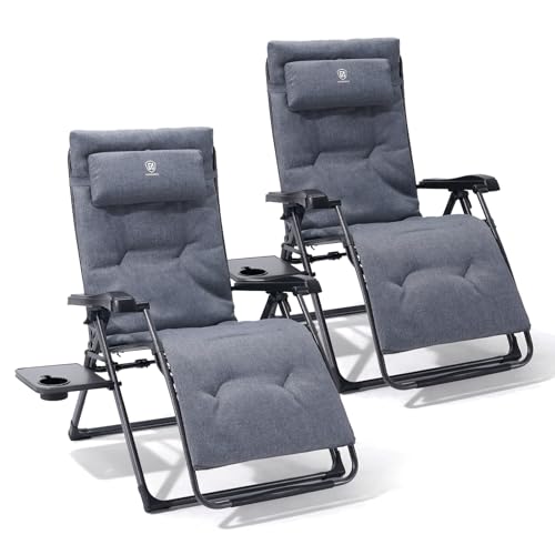 EVER ADVANCED Thick Padded Zero Gravity Chair, Oversized Reclining Lounge Chair with Adjustable Headrest & Cup Holder, Heavy Duty Support 350 lbs, Foldable for Camping, Lawn, Outdoor & Indoor - color: Grey, style: 2 Pack
