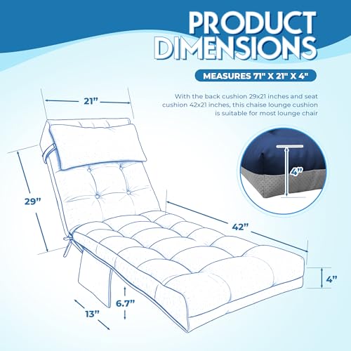 Outdoor Chaise Lounge Chair Cushion, Waterproof Outdoor Chair Cushions for Patio Furniture, 71 x 21 x 4 Inches Replacement Chaise Lounge Cushion with Ties (Blue) - color: Blue