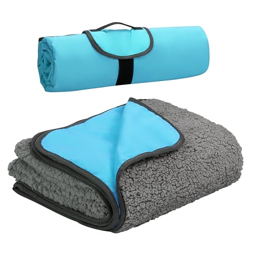 Tirrinia Large Waterproof Outdoor Blanket, Soft Warm Windproof Stadium Blanket with Sherpa Fleece and Foldable for Outdoor Sport, Baseball, Football, Beach, Concerts, Car - color: Aqua Grey, size: 51”x 59”
