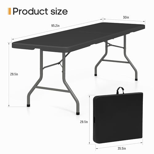8Ft Foldable Table Portable Plastic Folding Table with Safety Locks, Lightweight & Durable for Parties, Dining, Weddings, Events, Picnics,Indoor & Outdoor Use (Black, 8FT) - color: Black, size: 8Ft