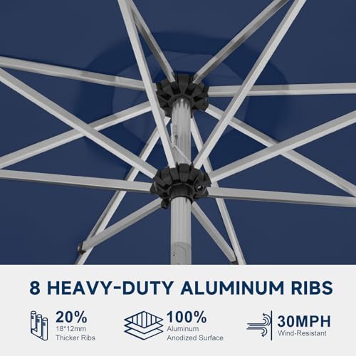 10FT Aluminum Outdoor Patio Umbrella, Fade-Resistant Market Umbrella with Push Button Tilt Function, 8 Sturdy All-Aluminum Ribs for Gardens, Patios, Backyards & Pools - color: Navy Blue, size: 10FT-1Tier (Aluminum Umbrella)