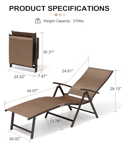 Crestlive Products 2PCS Chaise Lounge Chair Outdoor with 1PC Side Table, Aluminum Folding Patio Recliner Chair, Adjustable 8 Positions Assemble-Free - color: Brown, size: 3 Pcs