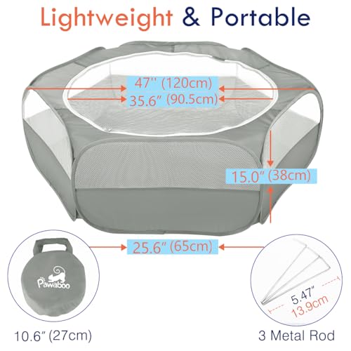 Pawaboo Small Animals Playpen, Waterproof Small Pet Cage Tent with Zippered Cover, Portable Outdoor Yard Fence with 3 Metal Rod for Chick/Kitten/Puppy/Guinea Pig/Rabbits/Hamster/Chinchillas,Light Gray - color: B-Gray