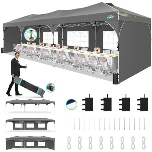 COBIZI 10x30 Pop Up Canopy Tent, Outdoor Party Tent with 5 Sidewalls, 1 Person Easy Set up, Tents for Parties with Fluorescent Strip & 4 Sandbags, Waterproof UPF50+, 3 Adjustable Height, Gray - color: Gray, size: 10x30FT