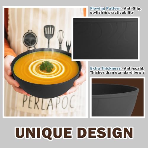 Unbreakable Cereal Bowls 40 OZ, Wheat Straw Bowls Set of 6, Anti Scald Extra Thick Soup Bowls, Reusable Plastic Bowl for Kitchen, Outdoor, Camping, RV, Black - color: Black, size: 40 Oz