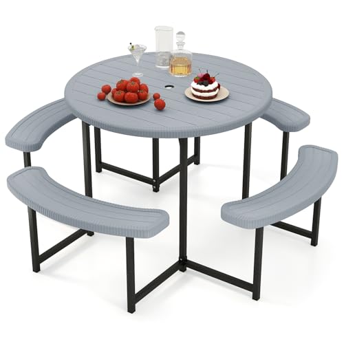 Giantex Picnic Table Bench Set for 4-8 Person, Round 37” Outdoor Dining Table w/Umbrella Hole, HDPE Tabletop, Metal Frame, Patio Furniture Set for Backyard Porch Lawn, 1400lb Capacity (Gray,Round) - color: Grey, size: Round-37"x37"x29"