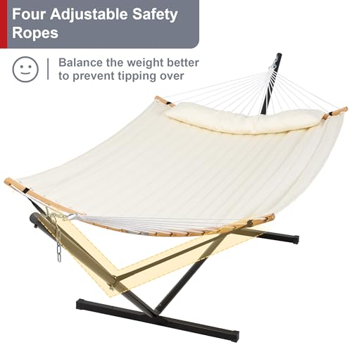 Outdoor Hammock with Stand Included, Two Person Hammock with Curved Spreader Bar, Pillow and Portable Bag, 450 Lbs Capacity, Beige - color: Beige