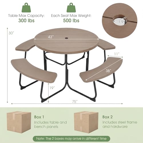 Giantex Picnic Table Set for Up to 8 Persons, Round Outdoor Table and Bench Set with Umbrella Hole, HDPE Top & Metal Frame, 2000LBS Capacity, Patio Table Bench for Deck Backyard Garden, Coral Reef - color: Coral Reef, size: Round-43"x43"x30"