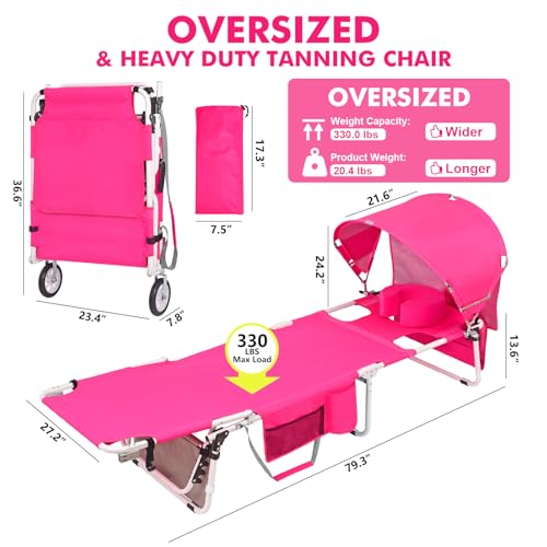 Wheel-To-Go Oversized Tanning Chair with Face Hole & Wheels | Portable Heavy Duty Folding Lounge Chair | Outside Sunbathing Reading Relaxing Beach Poolside | XL Wide | 330 LBS Pink (Patent Design) - color: Pink, style: Oversized + Sun Canopy Style
