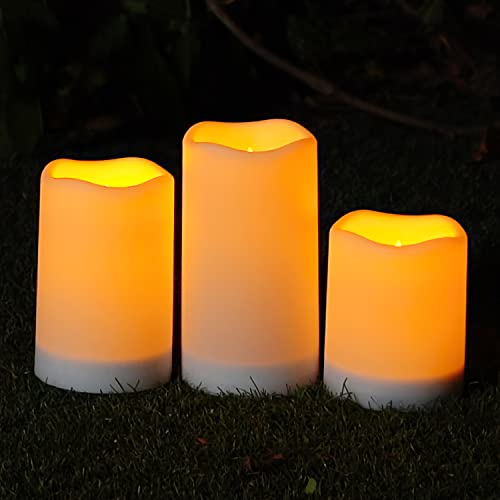 Homemory Solar Powered Candles Outdoor Waterproof, Flickering Glow, Rechargeable Candles, Solar Powered Candles for Outside, Lanterns, Sensor Only, Dusk to Dawn, Set of 3 - size: D3"xH4"5"6", 3 Pcs, Plastic