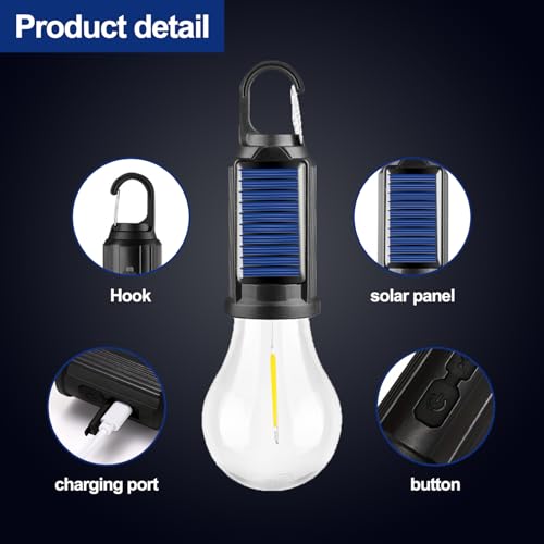 Solar Tent Lamp Portable LED Tent Lights, Hook Hurricane Emergency LED Camping Light Bulb, USB Rechargeable Lantern Bulb for Camping Hiking Backpacking Fishing Outage (4)