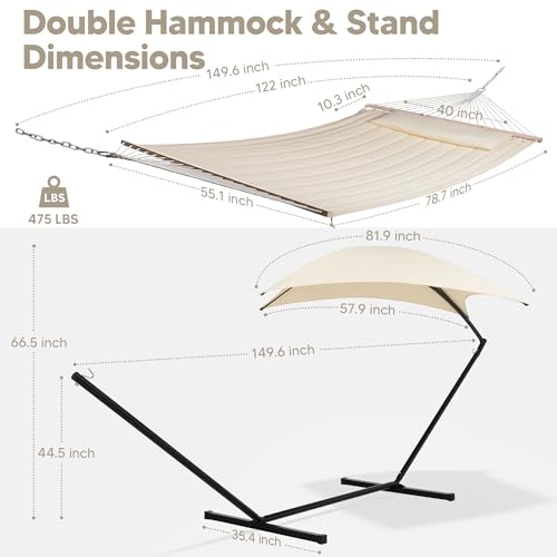 SUNCREAT Portable Outdoor Hammock with Stand, Sun-Protective Canopy, Double Hammock with Stand for Outside, Patent Pending, Beige - color: Beige