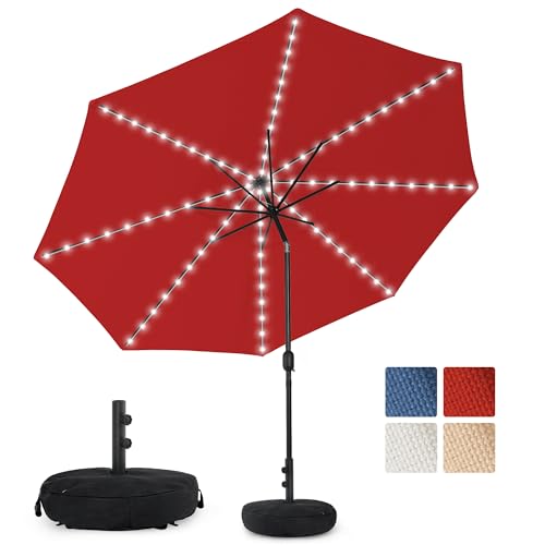 Sundale Outdoor Olefin 5-Year-Non-Fading Solar 88 LED 10FT Solar Patio Umbrella with Sand Bag Base, Outdoor Umbrella with Tilt and Crank, Red - color: Red, size: 10FT