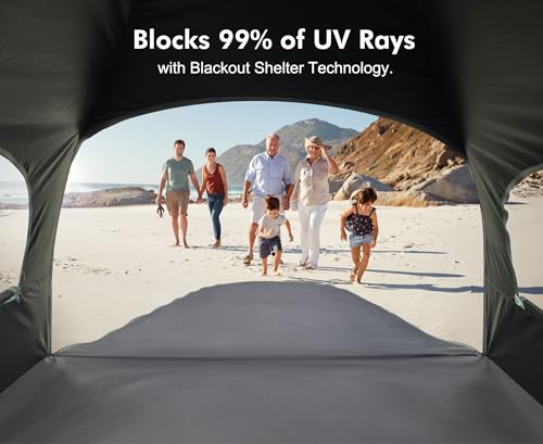 WhiteFang Beach Tent Anti-UV Portable Sun Shade Shelter for 3/4/6/8 Person, Extendable Floor with 3 Ventilating Mesh Windows Plus Carrying Bag, Stakes and Guy Lines - color: Blackout Shelter-Blue, size: 3 Person