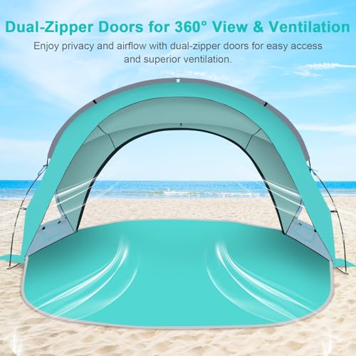Gorich Beach Tent Sun Shelter with UPF50+ UV Protection for 1-2/3/4-5/6-7 Person, Lightweight & Portable Beach Shade Canopy with 2 Zippered Doors, Easy Setup Family Beach Umbrella - color: Turquoise, size: 6 Person