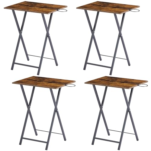 VECELO Folding TV Tray for Eating Set of 4, Portable Dinner/Snack Table with Cup Holder for Couch, Living Room and Small Space, Antique Brown - color: Antique Brown, size: 4 Pack