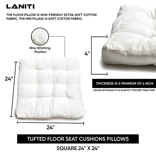 LANITI 24” Inch Extra Large Floor Cushions Tufted Floor Pillow for Adults Square Meditation Ultimate Comfort Oversized Pillows for Floor Cushion (White) - color: White