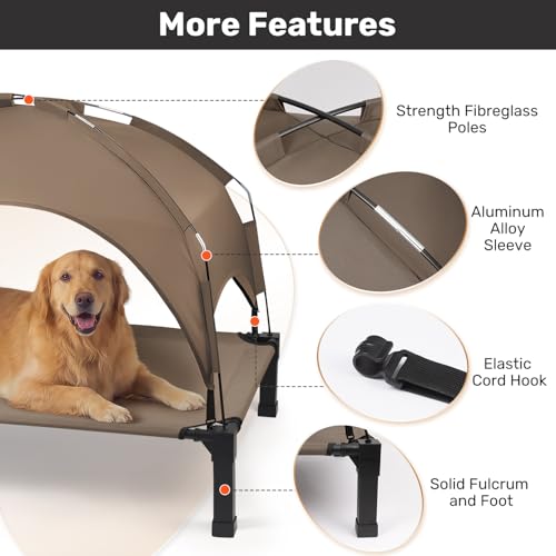 Heeyoo Elevated Dog Bed with Removable Canopy, Portable Dog Cot with Sun Protection Shade Tent, Raised Pet Cooling Cot Bed for Dogs, 42in - color: Brown, size: 42"L x 30"W x 8.4"H