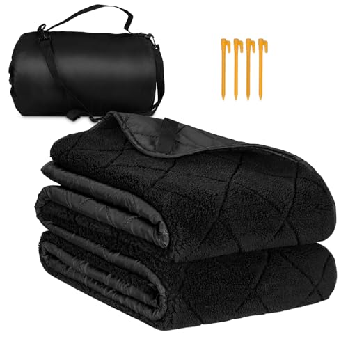 Northroad Waterproof Camping Blanket with Sherpa Lining, Large Windproof Outdoor Blanket for Cold Weather, Light Weight and Warm for Picnic, Stadium, Dog, Concert, 55"x82" (Black, 1PCS) - color: Sherpa Black-300 Gsm, size: 82"x 55"
