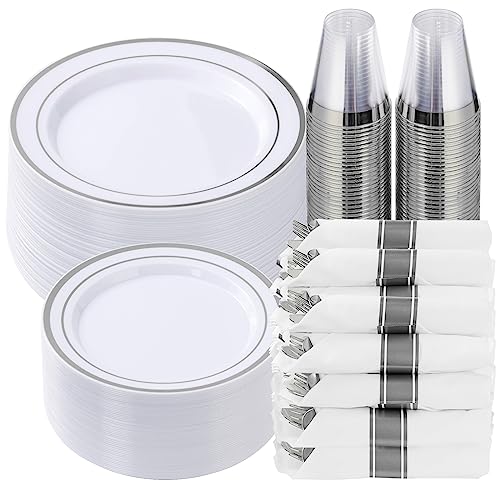 Goodluck 350 Piece Silver Plastic Dinnerware Set for 50 Guests, Fancy Disposable Plates for Party, Include: 50 Dinner Plates, 50 Dessert Plates, 50 Pre Rolled Napkins with Silver Silverware, 50 Cups - color: Silver, style: 350 Piece (50 guests)