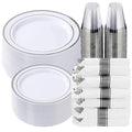 Goodluck 350 Piece Silver Plastic Dinnerware Set for 50 Guests, Fancy Disposable Plates for Party, Include: 50 Dinner Plates, 50 Dessert Plates, 50 Pre Rolled Napkins with Silver Silverware, 50 Cups - color: Silver, style: 350 Piece (50 guests)