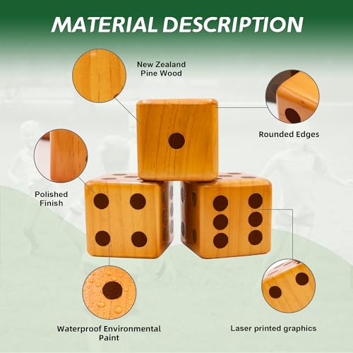 SunNordic Giant Dice Yard Game – 6 Large Wooden Outdoor Dice Set with Scoreboard & Portable Collapsible Bucket – Classic Backyard Lawn Game for Adults, Kids & Family