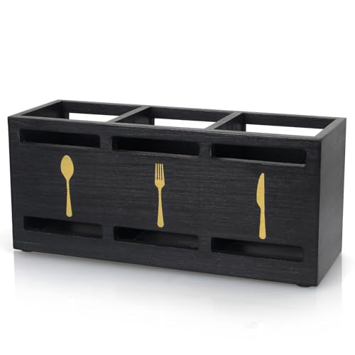 Ayiaren Wooden Cutlery Silverware Holder Flatware Utensil Caddy Black Utensil Holder for Kitchen Counter Wood Silverware Caddy Organizer for Table Countertop Spoon Knife and Fork Holder for Parties - color: Black (Gold Font)