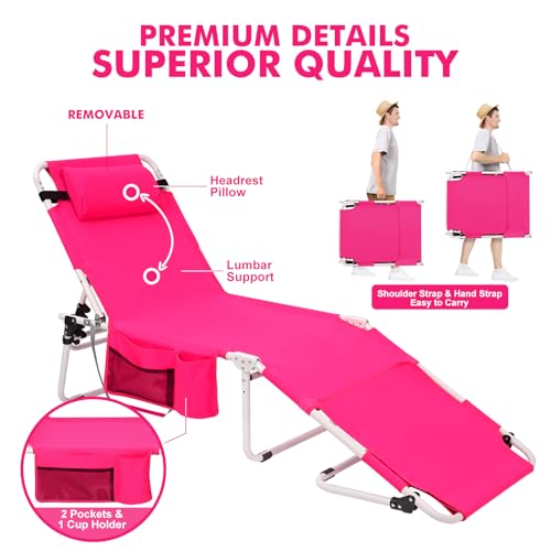 Tanning Chair with Sun Canopy Face Hole Softer Padded Adjustable Washable, Heavy Duty Layout Folding Lounge Chair for Adults Outside Beach Reading Sunbathing Poolside, UPF 50+ Sun Shade, Pink, 300 LBS - color: Pink, size: Standard Size