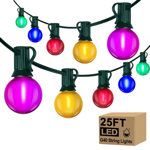 25Ft LED Christmas Outdoor String Lights, G40 Globe Lights with 27 0.6W Multicolor Bulbs, Vintage Christmas Lights for Holiday Party Backyard Wedding Garden Patio Porch Decor, Green Wire - color: Frosted Multicolor, size: 25Ft