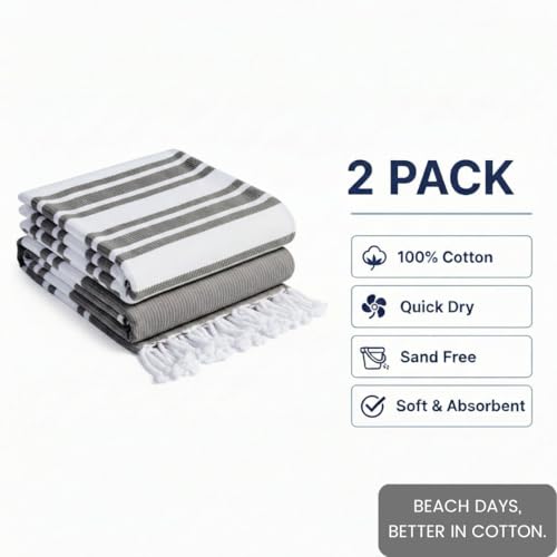 Turkish Beach Towels Set of 2 - Oversized Cotton Beach Towels 40X70 inch - Sand Free Quick Dry Beach Blanket for Adults - Extra Large Towels for Beach Bath Pool Yoga Travel - Grey - color: Grey, size: 2 Pack